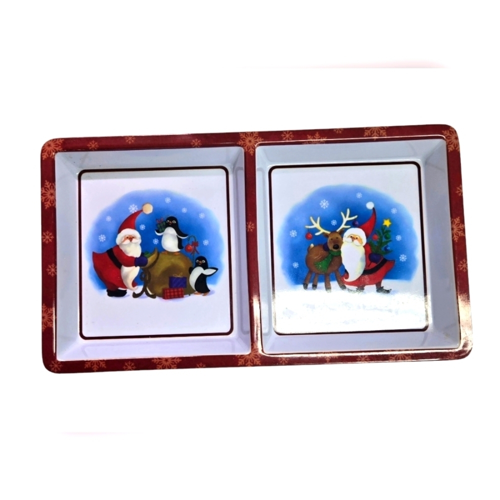 Christmas Holiday Serving Dish Divided Plate with Santa Peguins Reindeer New